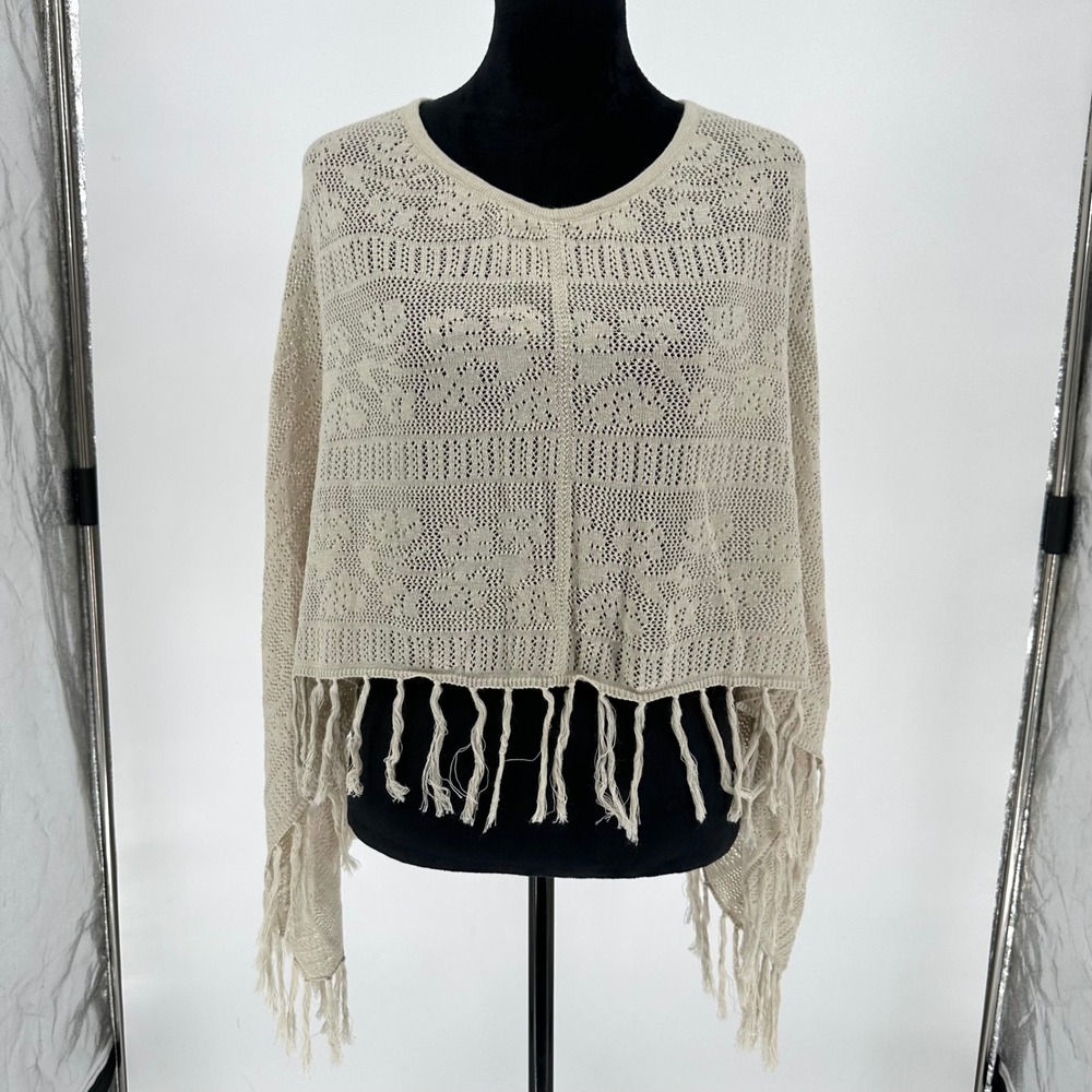 Y2K Faded Glory Asymmetrical Fringe Poncho Floral Knit Sand Summer Beach OS